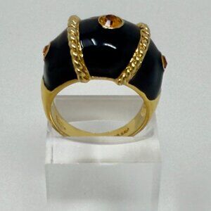 Joan Rivers Black Enamel Dome Ring | Gold Tone Rope Detail | Signed Designer Rin